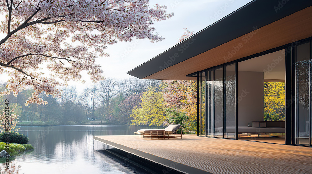 A modern house with floor-to-ceiling Windows by the cherry trees along the lake A modern house with floor-to-ceiling Windows by the cherry trees along the lake