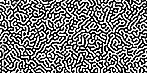 Abstract Turing organic wallpaper with background. Turing reaction diffusion monochrome seamless pattern with chaotic motion. Natural seamless line pattern. Linear design with biological shapes.