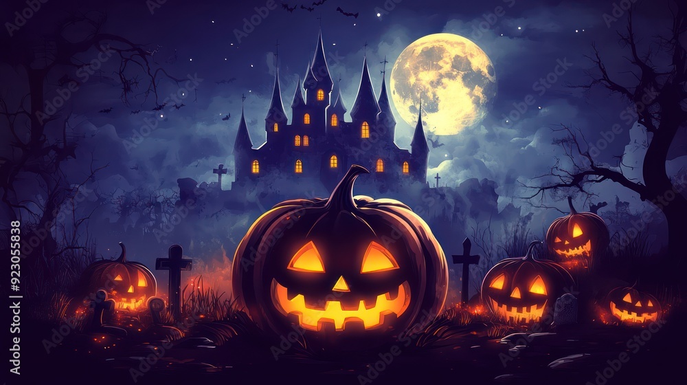 Halloween, pumpkins and dark castle with full moon Halloween, pumpkins and dark castle with full moon