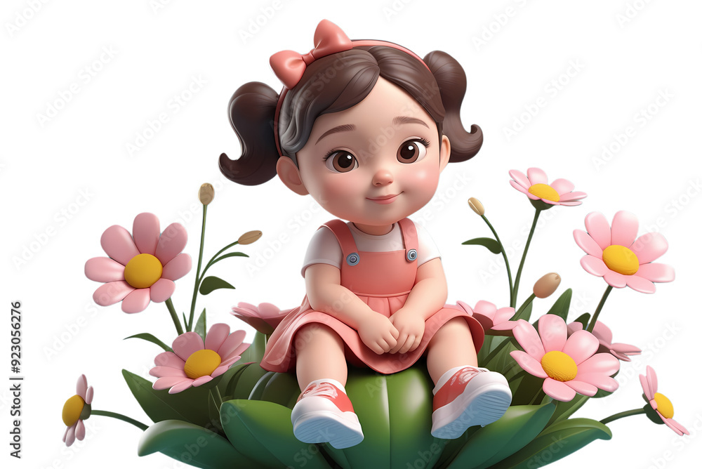 Adorable 3D Cartoon Toddler with Chubby Cheeks Sitting on a Beautiful Blossom in Whimsical Floral Fantasy Adorable 3D Cartoon Toddler with Chubby Cheeks Sitting on a Beautiful Blossom in Whimsical Floral Fantasy