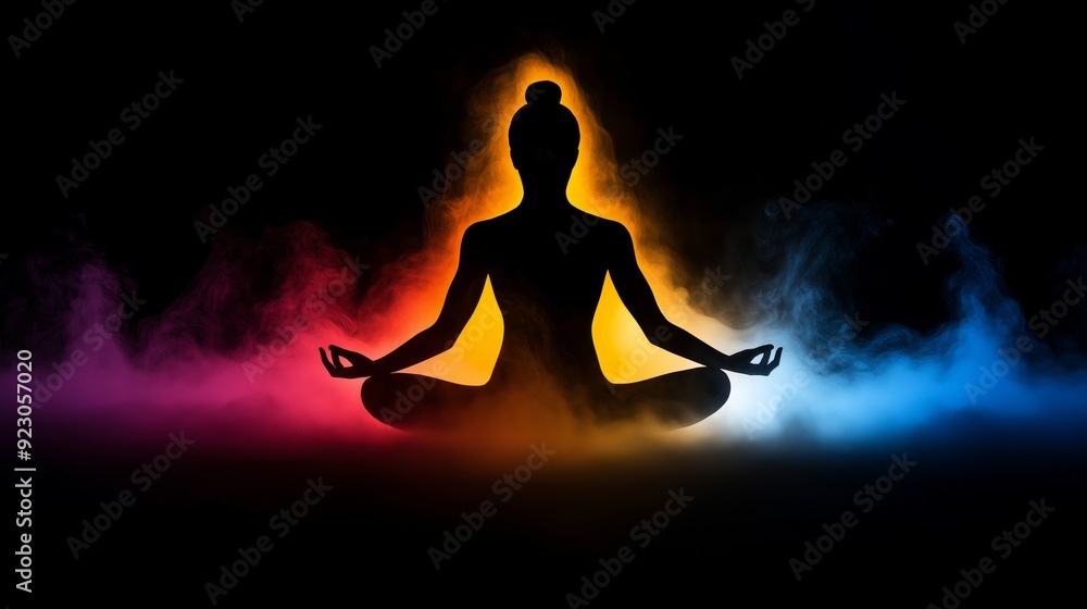 A man sitting in a lotus position surrounded by a gradient of colors that go from yellow to blue, symbolizing the concept of inner peace and tranquility A man sitting in a lotus position surrounded by a gradient of colors that go from yellow to blue, symbolizing the concept of inner peace and tranquility