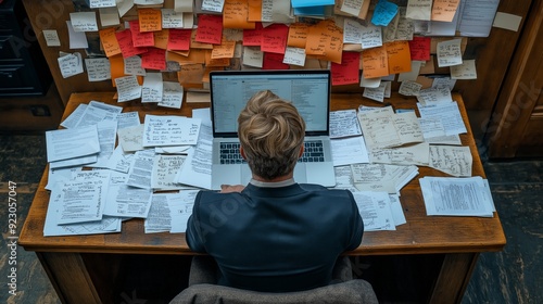 A workaholic man sits at a cluttered desk and works on a laptop. The desk is littered with papers scattered everywhere