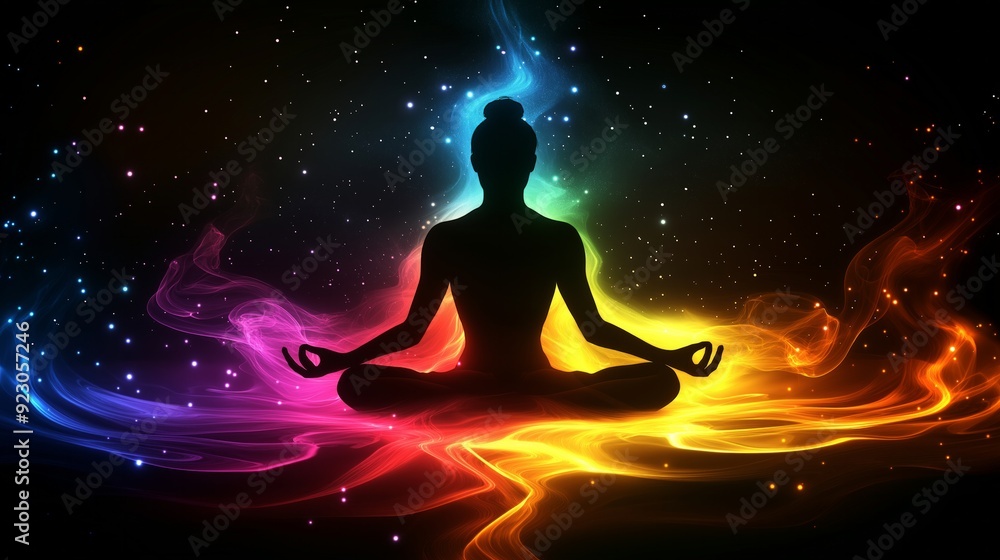 Illustration of a man meditating in the lotus position, surrounded by a kaleidoscope of colors and aura patterns