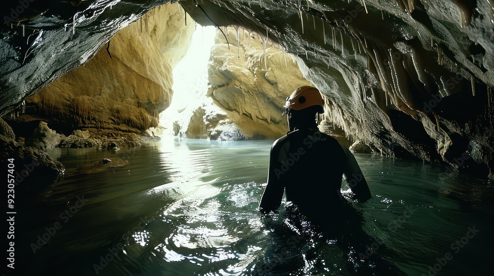Fototapeta premium Cave explorers are diving into the cave.