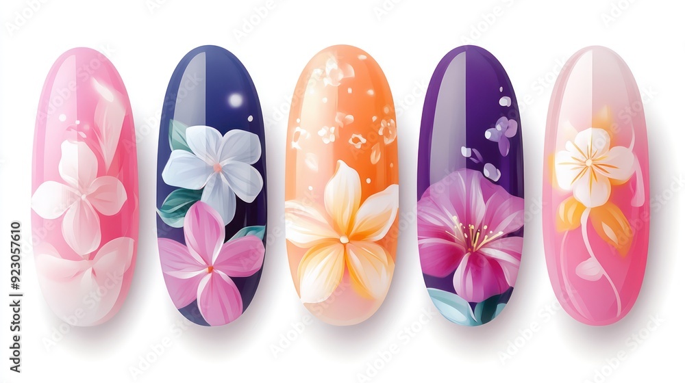 Gel nails, flower pattern, cute, transparent Gel nails, flower pattern, cute, transparent