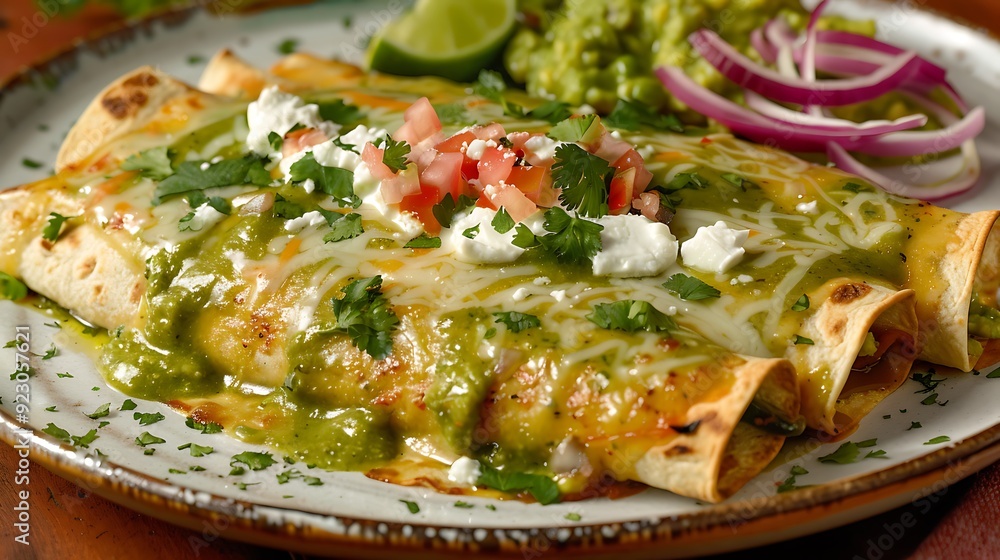 Dish green enchiladas with guacamole Dish green enchiladas with guacamole