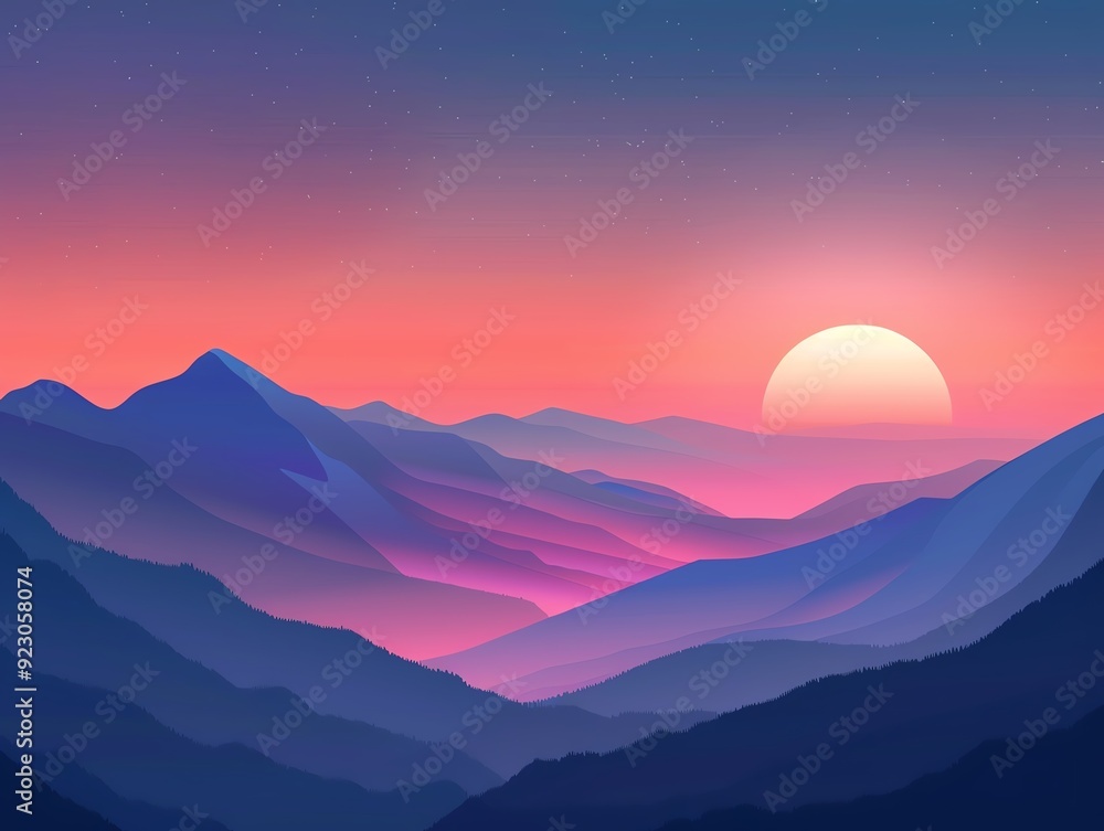 Fototapeta premium Mountainous horizon, vibrant colors, dusk setting, flat design illustration