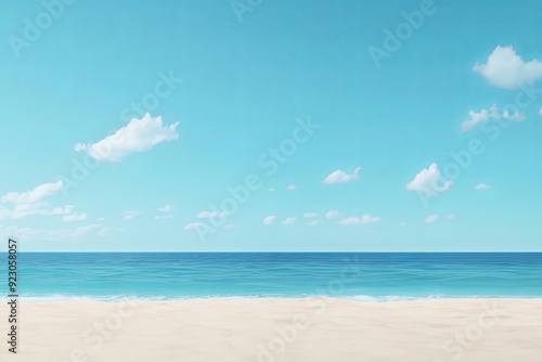 A serene beach scene capturing calm waves, soft sand, and a clear blue sky dotted with fluffy clouds.