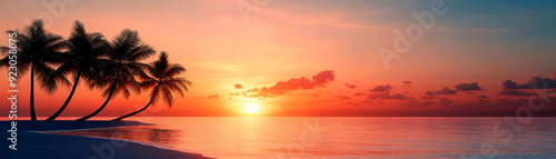 A serene beach at sunset with palm trees silhouetted against a colorful sky, perfect for relaxation and travel themes.