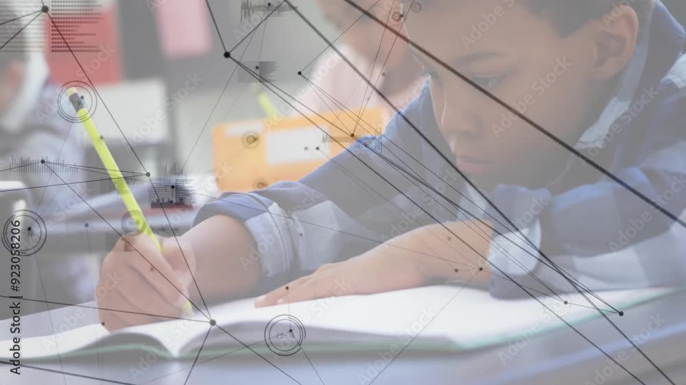 In school, network of connections and data processing animation over student writing In school, network of connections and data processing animation over student writing