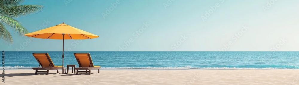 3D sun loungers under umbrellas on a sandy beach, summer 3D background, relaxing and inviting 3D sun loungers under umbrellas on a sandy beach, summer 3D background, relaxing and inviting