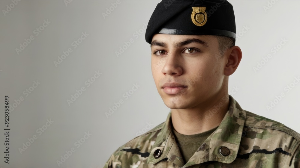 Portrait of young soldier in military uniform on white Portrait of young soldier in military uniform on white