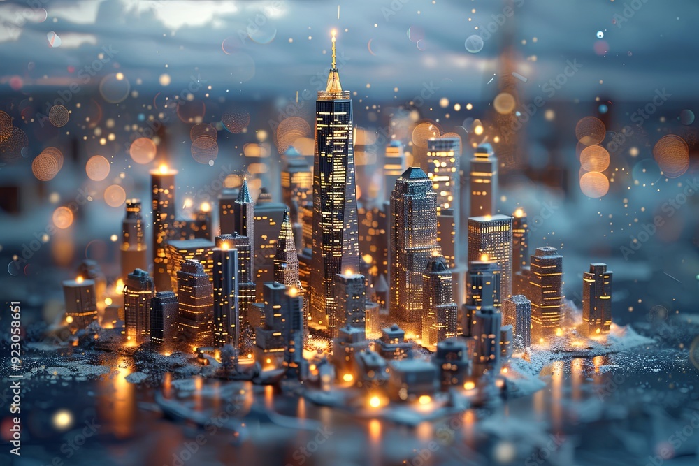 Fototapeta premium A beautifully illuminated cityscape featuring towering skyscrapers under a twilight sky with a light dusting of snow. Generative AI