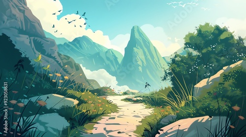 Remote mountain path, peaceful hike, undisturbed nature, flat design illustration