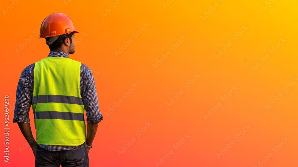 Silhouette of an engineer wearing a safety vest and helmet, machine, construction Silhouette of an engineer wearing a safety vest and helmet, machine, construction