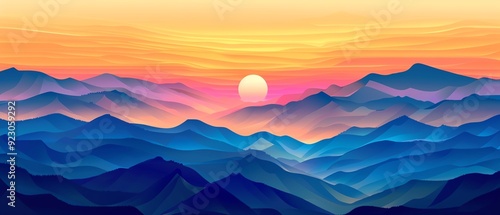 Mountain range, sunset, vivid colors, flat design illustration