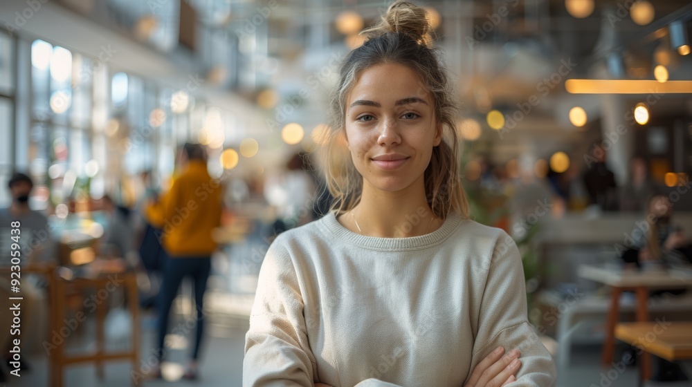Young woman smiling confidently in a bright cafe during the day Young woman smiling confidently in a bright cafe during the day