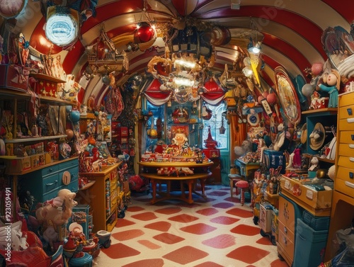 A whimsical toy shop filled with colorful trinkets and decorations