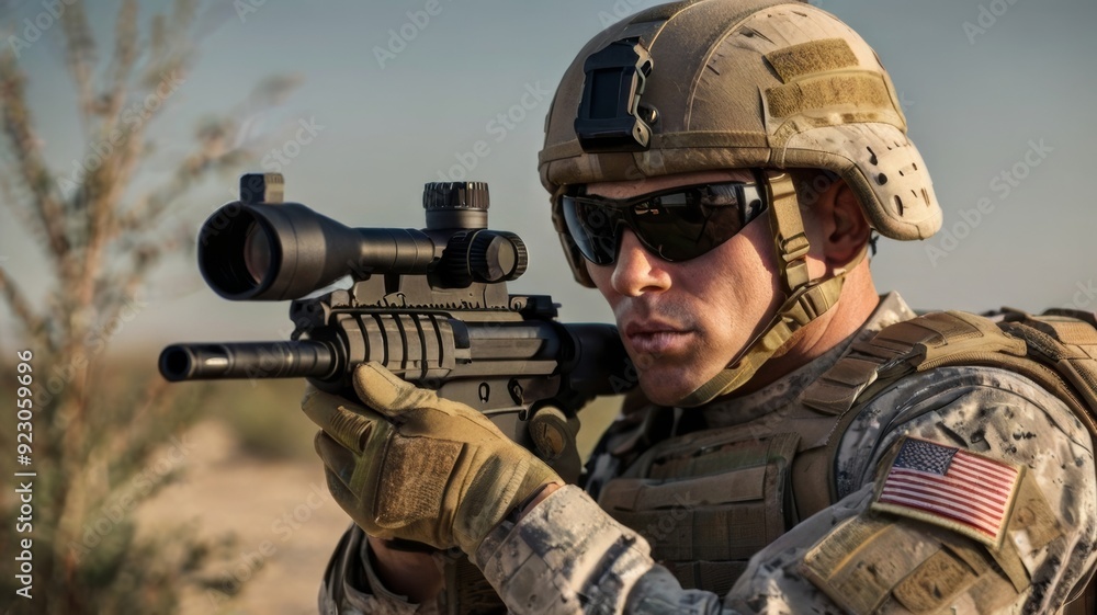 Professional American soldier aiming with weapons machine Professional American soldier aiming with weapons machine
