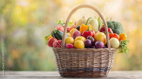 Basket of Fresh Vegetables and Fruit in a Garden Setting.