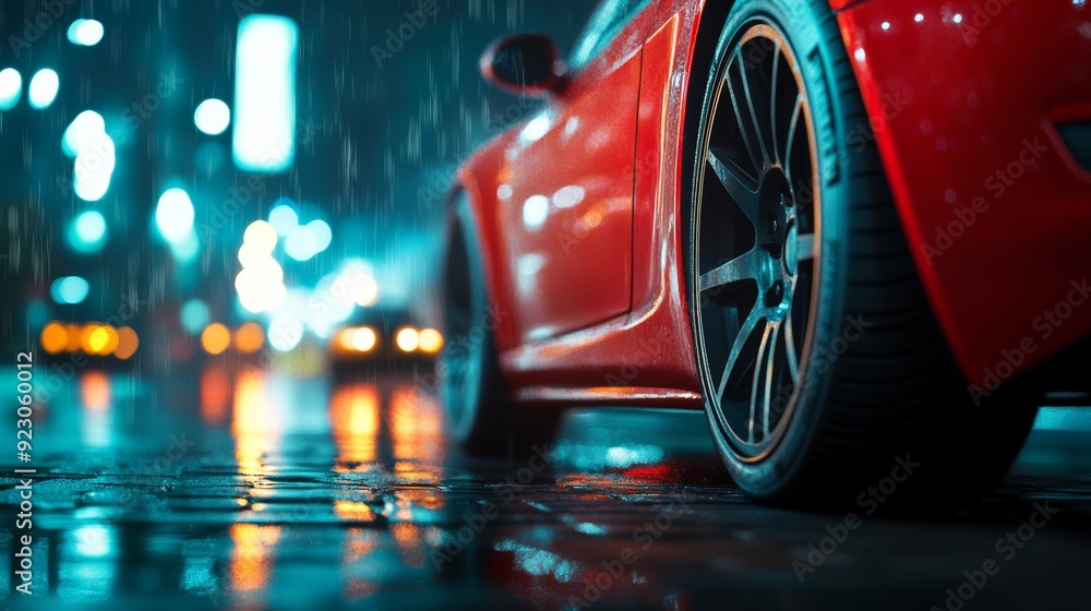 Close-up of the rear light on luxury car in traffic, with city lights blurred in the background, rainy time at night. Close-up of the rear light on luxury car in traffic, with city lights blurred in the background, rainy time at night.