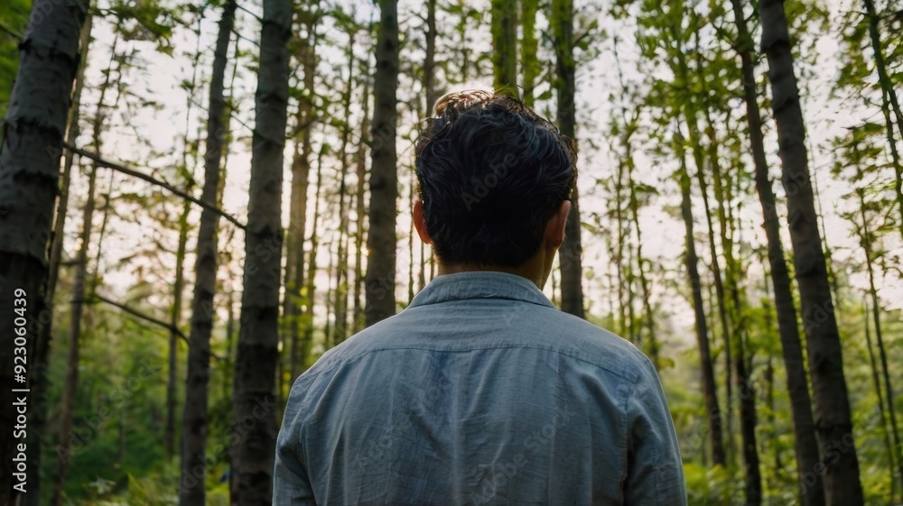 Rear view of man against trees at forest Rear view of man against trees at forest