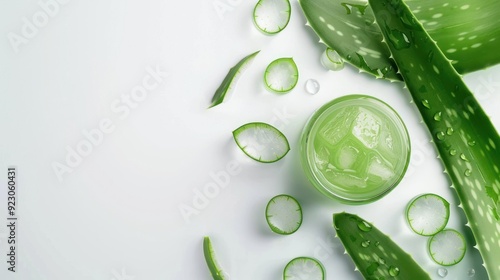 Aloe vera leaves and a jar of aloe gel with pieces on a white background, depicting a natural skincare theme with a fresh appeal.