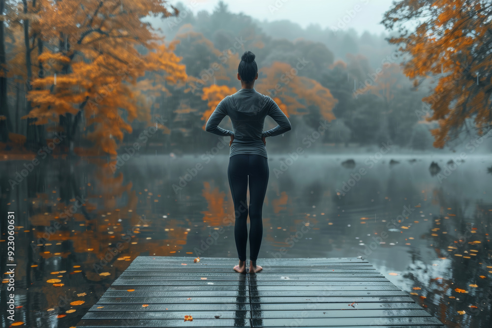 Woman standing on a dock, gazing at a misty autumn lake surrounded by vibrant orange and yellow trees. Woman standing on a dock, gazing at a misty autumn lake surrounded by vibrant orange and yellow trees.