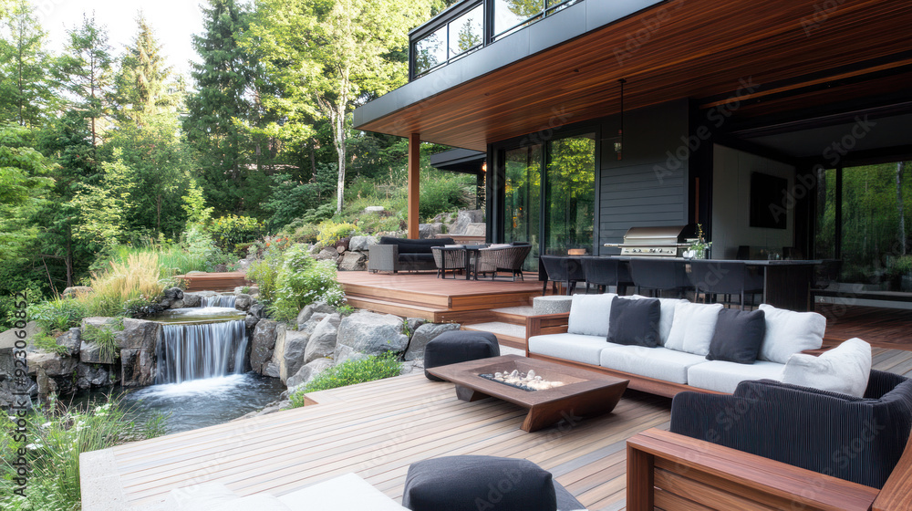 Fototapeta premium Modern cozy house with deck and modular furniture by river waterfall