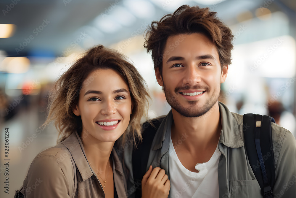 A man and woman are smiling at the camera in an airport A man and woman are smiling at the camera in an airport