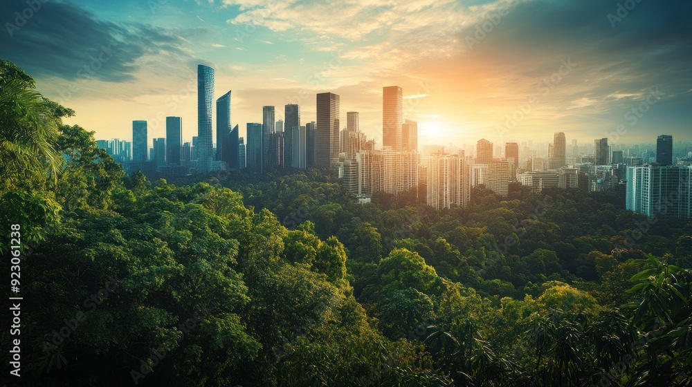 Cityscape at Sunset with Lush Greenery Cityscape at Sunset with Lush Greenery
