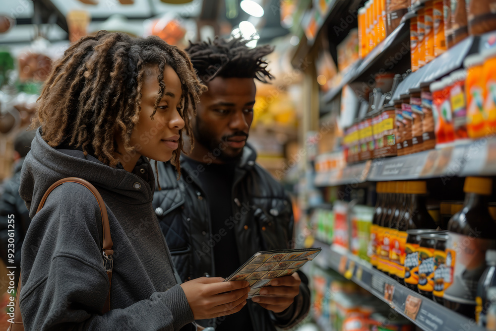 Focused young couple reading a shopping list while selecting items from grocery store shelves Focused young couple reading a shopping list while selecting items from grocery store shelves