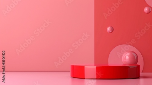 Pedestal of platform display with modern stand podium on red room background. Blank Exhibition stage backdrop or empty product shelf. 3D rendering.