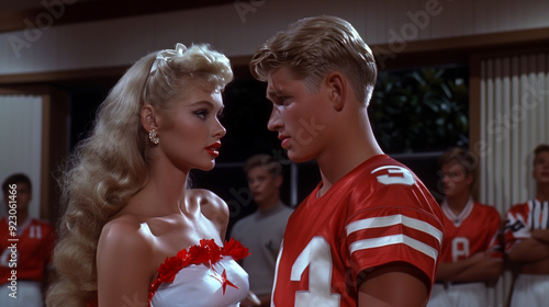 A 1960s blonde cheerleader stands beside her jock quarterback boyfriend