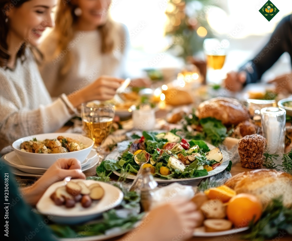 A view of an autumnal and colourfully decorated table for the feast of Thanksgiving. In the background are seated people. AI generative. A view of an autumnal and colourfully decorated table for the feast of Thanksgiving. In the background are seated people. AI generative.