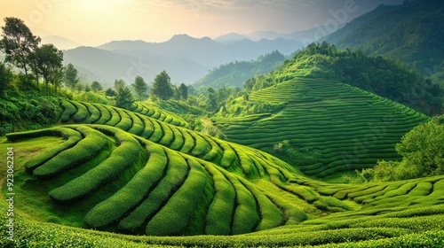 Lush green tea plantation on a hillside, with a view of mountains in the background.