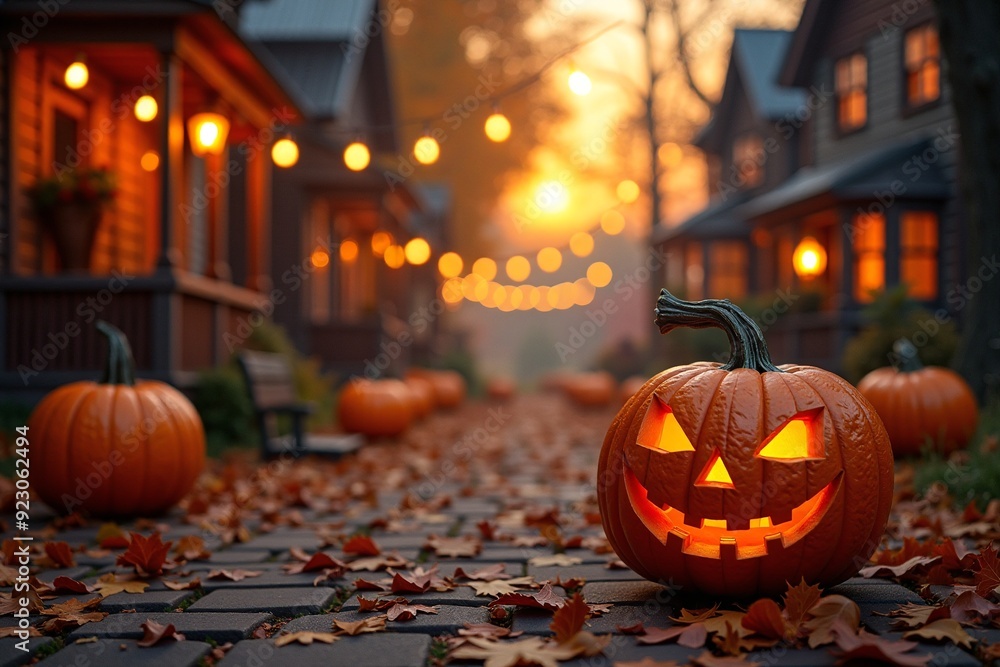 Jack-o'-lantern with festive glow illuminating autumn neighborhood street at dusk Jack-o'-lantern with festive glow illuminating autumn neighborhood street at dusk