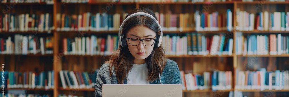 Concentrated female student utilizing a laptop and headphones in a contemporary library while taking notes and engaging in online academic research. Concentrated female student utilizing a laptop and headphones in a contemporary library while taking notes and engaging in online academic research.