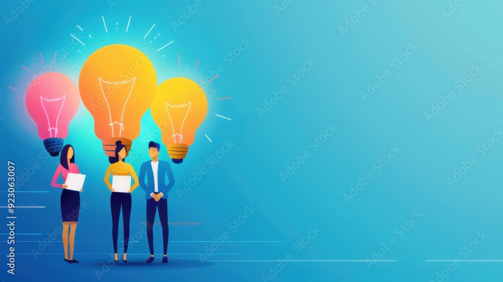 Team of entrepreneurs with glowing idea bulbs floating above their heads, symbolizing breakthrough ideas. Fantasy, Illustration, Bright Colors, Dynamic Team of entrepreneurs with glowing idea bulbs floating above their heads, symbolizing breakthrough ideas. Fantasy, Illustration, Bright Colors, Dynamic