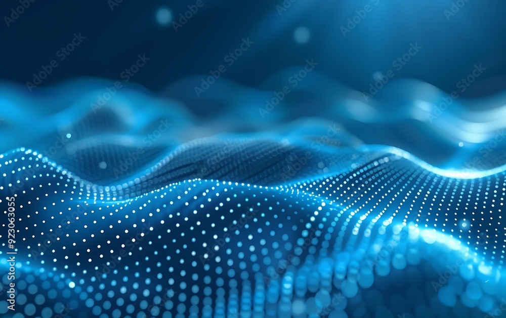 blue particles form curved lines and surfaces with depth of field and bokeh in dark background blue particles form curved lines and surfaces with depth of field and bokeh in dark background