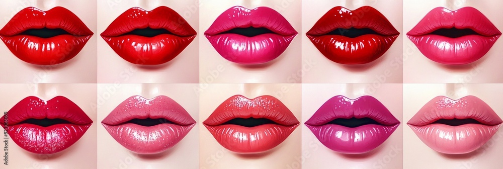 Fototapeta premium A vibrant grid of close-up digital illustrations showcasing lips with various shades of glossy lipsticks