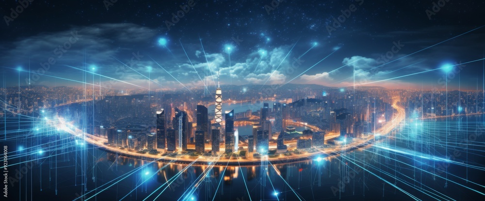 Obraz premium Futuristic cityscape with digital lines and data connections in the sky, wide-angle shot, city skyline at night with illuminated skyscrapers, futuristic technology concept, wide panorama.