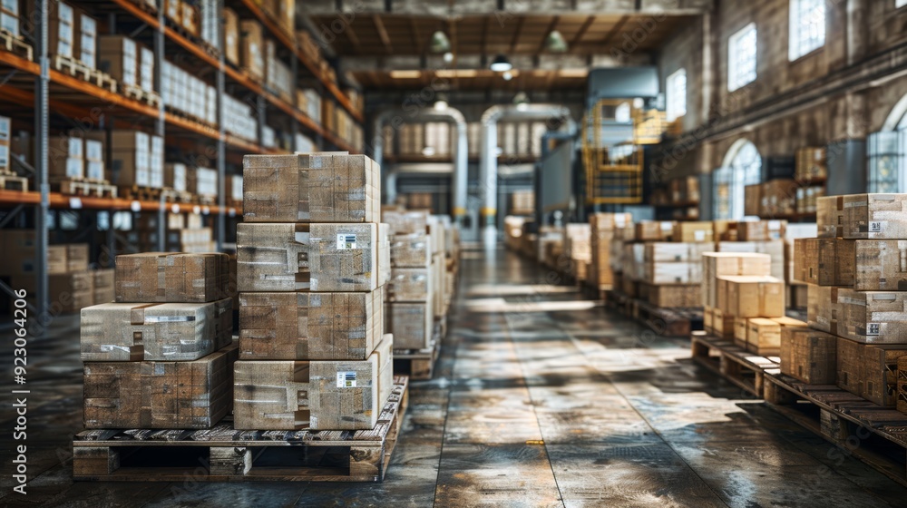 Packages stacked on pallets inside a large warehouse with shelves full of boxes during daylight Packages stacked on pallets inside a large warehouse with shelves full of boxes during daylight