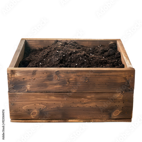 Wooden box with soil for growing plants front view isolate on transparency background photo