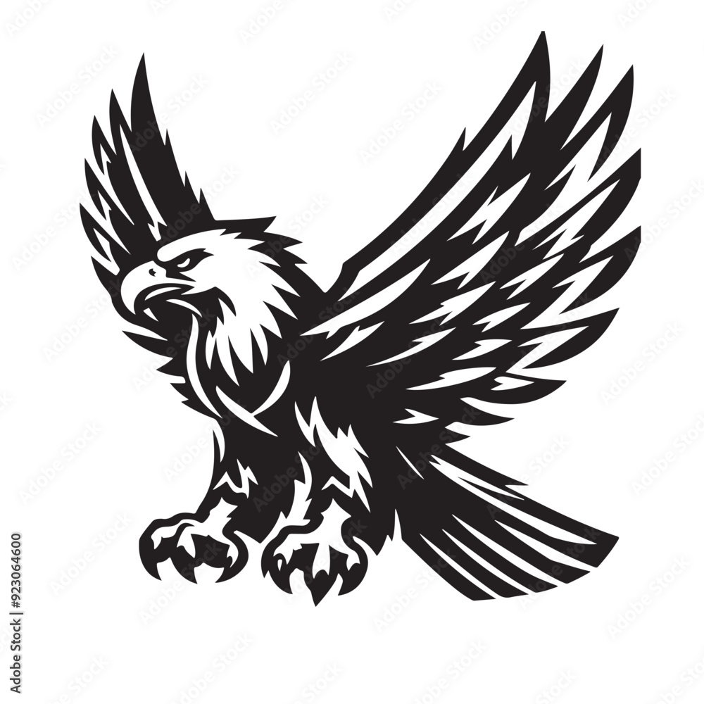 A powerful and majestic eagle in flight, captured in a bold black and white illustration. Its wings spread wide, talons extended, signifying strength, freedom, and dominance. A powerful and majestic eagle in flight, captured in a bold black and white illustration. Its wings spread wide, talons extended, signifying strength, freedom, and dominance.