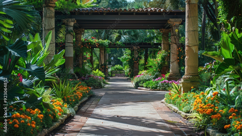 A public garden featuring an array of exotic plants, vibrant flower beds, A public garden featuring an array of exotic plants, vibrant flower beds,