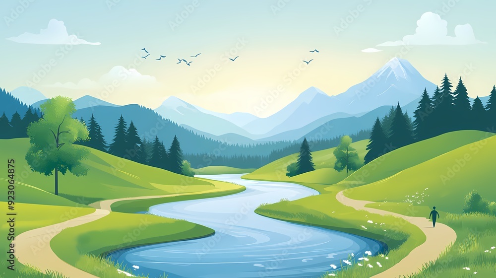 A winding river flows through a lush valley with mountains in the distance. A single person walks along a path. A winding river flows through a lush valley with mountains in the distance. A single person walks along a path.