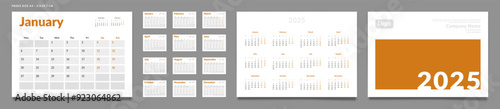 Set of 2025 Pages Monthly Calendar Planner Templates, Cover with Place for Photo, Company Logo, Annual. Design of Vector layout Calendar Pages size A4-21x29.7 cm in for print. Week start on Monday