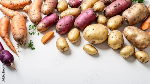 Organic root vegetables such as potatoes yams and rutabagas on white background with ample copy space Hearty veggies concept photo