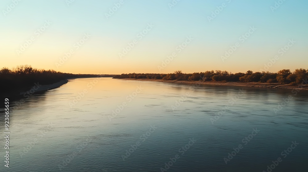 Calm river flowing through trees under a clear evening sky. Calm river flowing through trees under a clear evening sky.